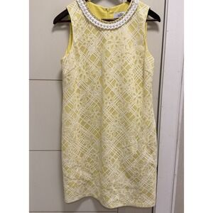 Badgley Mischka Belle Sleeveles Yellow Lace Shift Dress 10 Beaded Neckline